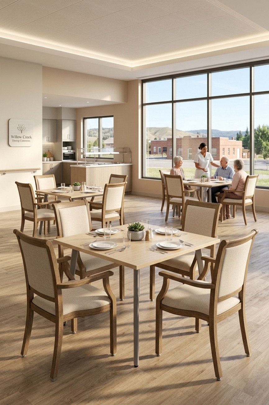 IntelliCare angled post-leg dining tables in a care-home dining commons