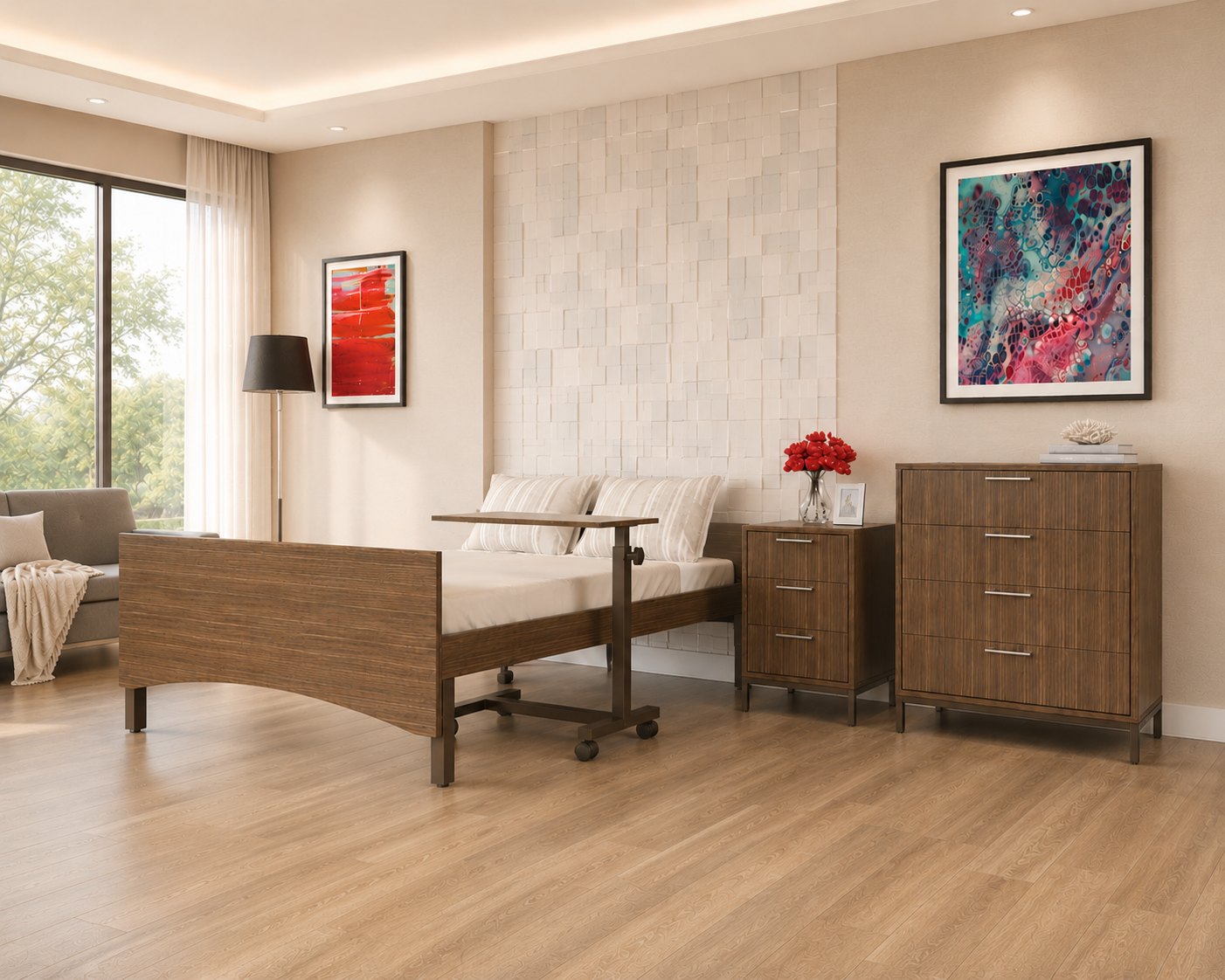 IntelliCare 600 Series dresser and bedside table in a resident room