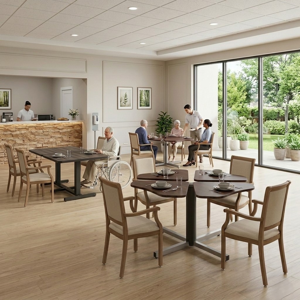 IntelliCare dining chairs and tables in a care-home dining room