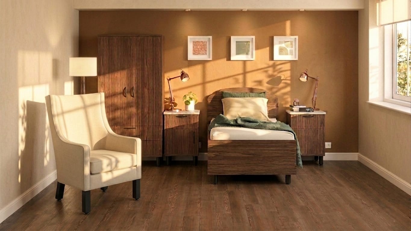IntelliCare Lumen bedside tables flanking a bed in a resident room
