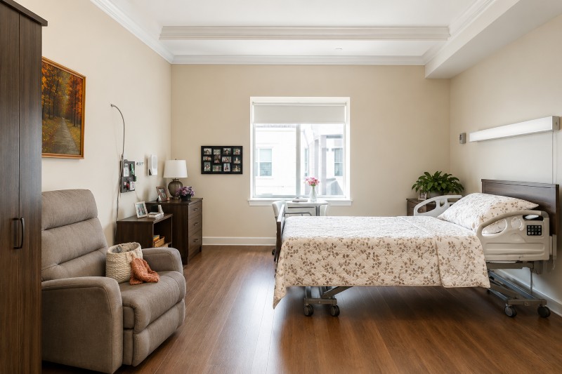 A resident room at Fraserview, Richmond, furnished with a single bed, bedside table and chest of drawers