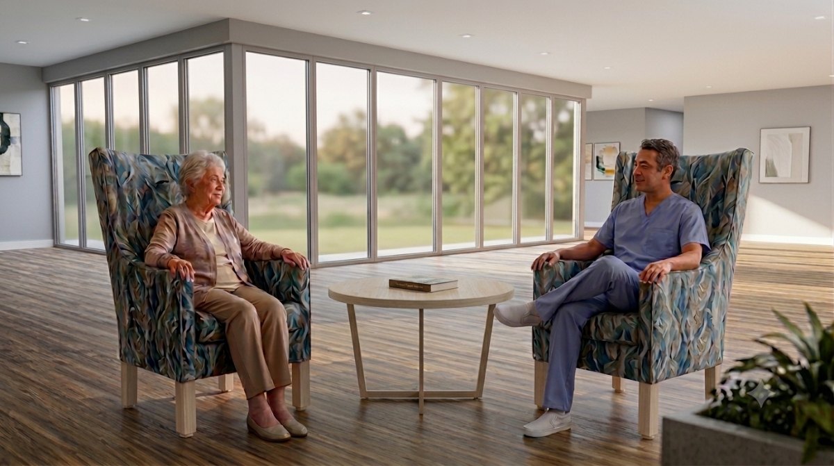 Two IntelliCare Serenity Embrace lounge chairs with a side table in a common area